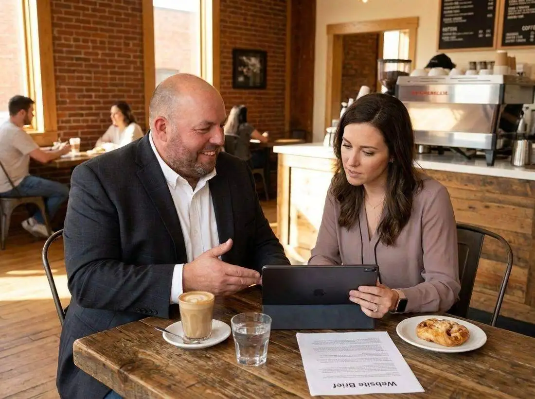 Andy going through a website brief with a client over coffee