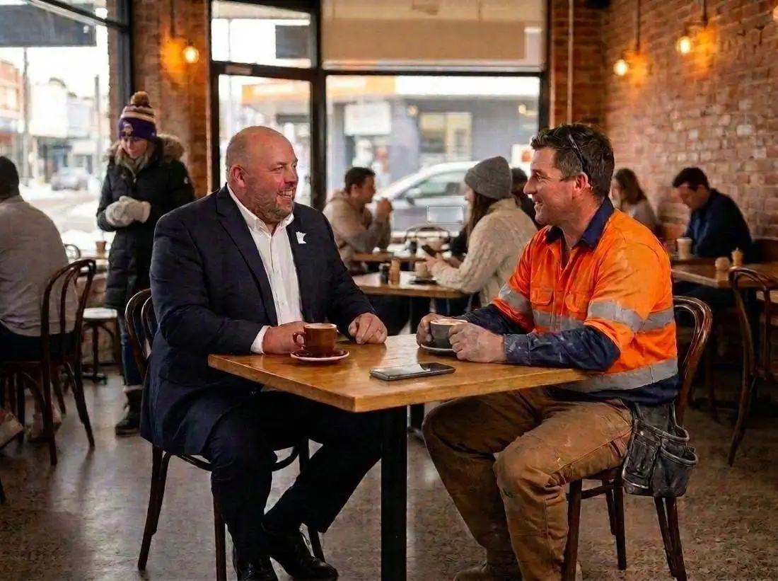 Andy talking a job through with a client over coffee