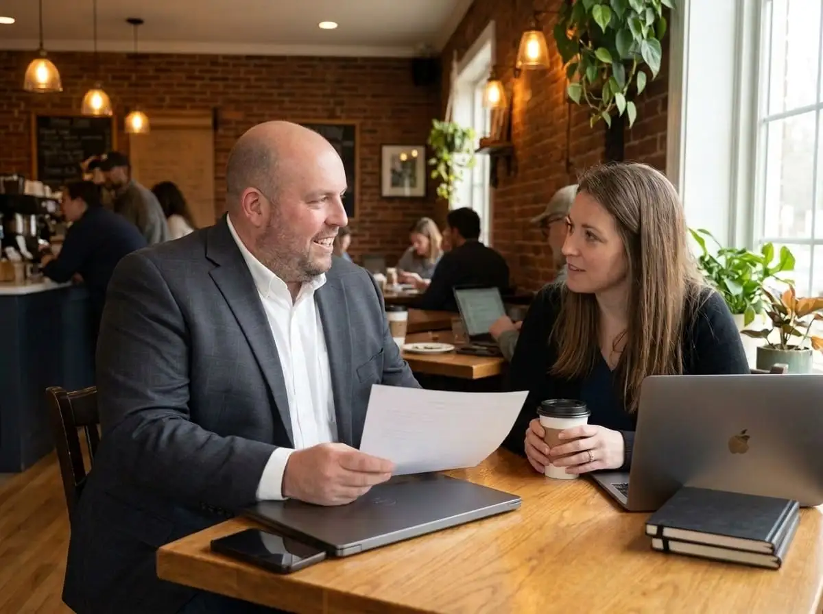Andy Culver going through a website plan with a client at a cafe table