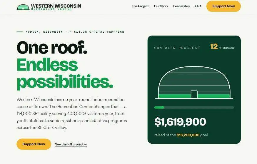 The buildthedome.org home page, showing the campaign headline and a live progress panel with the total raised