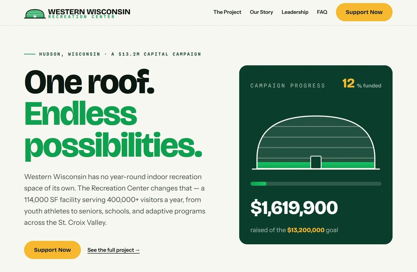 The buildthedome.org home page, showing the campaign headline and the live progress panel