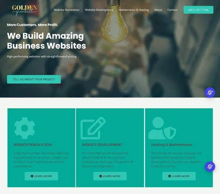The old Golden Gumball website: a stock lightbulb photo behind the headline and three identical teal service cards