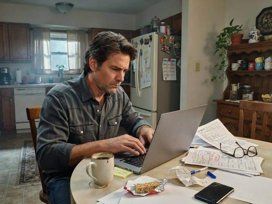 A business owner at his kitchen table working through paperwork on a laptop