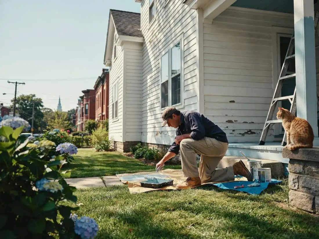 A painter kneeling on a drop cloth beside a white clapboard house on a Hudson street, loading his roller, with a ginger cat watching from the porch wall