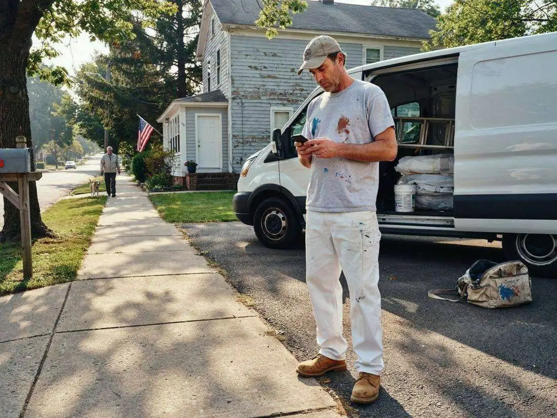 A painter in spattered whites checking his phone beside his van on a residential street