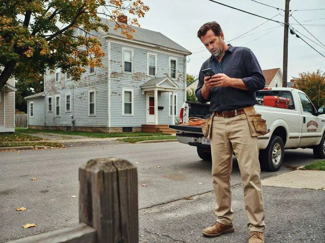 A tradesman by his truck checking his phone outside a job